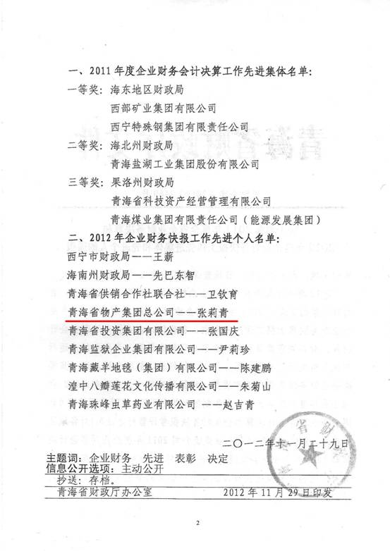 物產(chǎn)集團榮獲2011年度財務決算先進單位、2012年度財務快報工作先進個人表彰